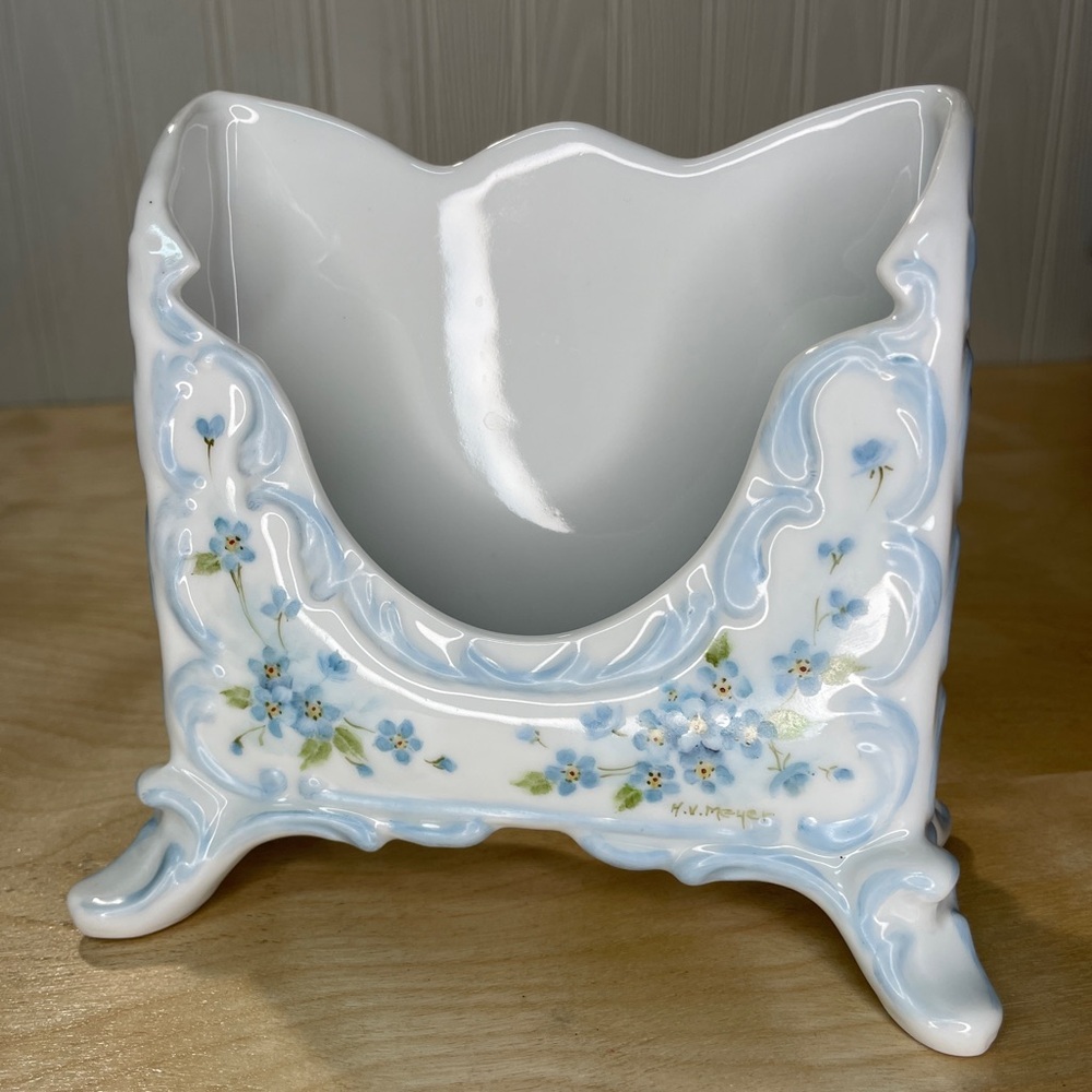 Vintage H.V. Meyer Floral Painted Porcelain Victorian Style Footed Letter Holder
